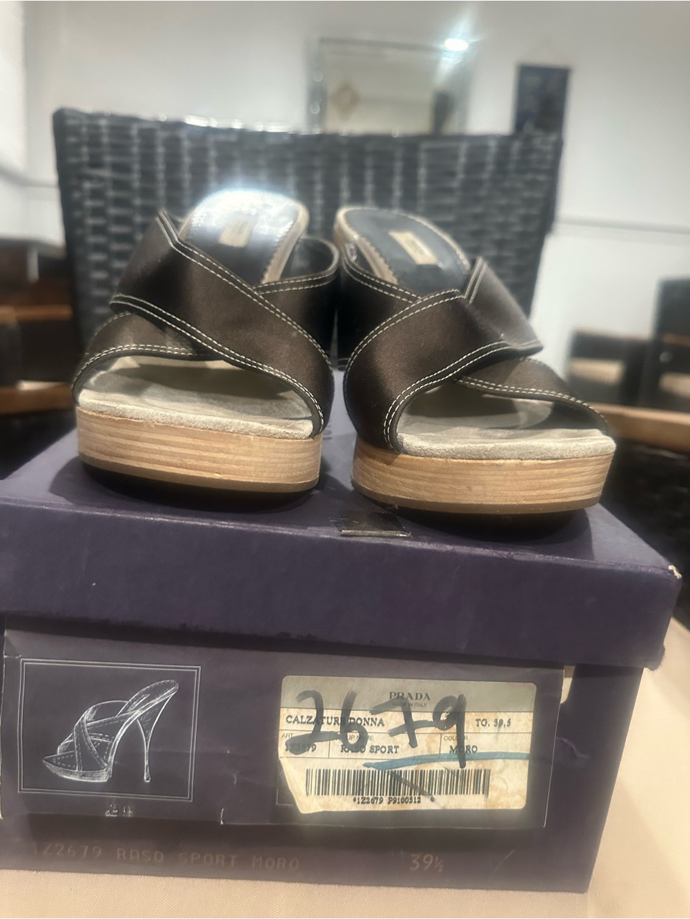Prada Brown satin/ suede Crossover Wooden Platform Sandal Slides